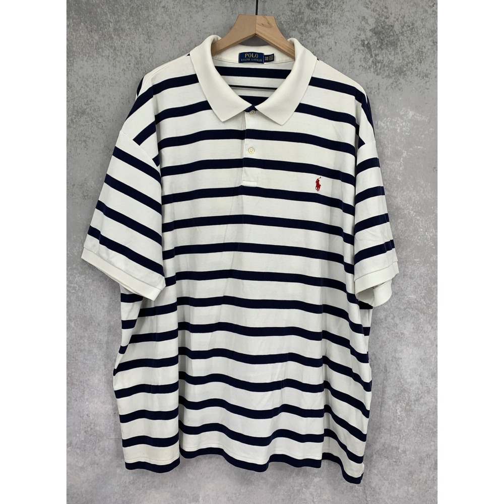 Polo Ralph Lauren Polo Shirt Mens 4XB White Navy Striped Short Sleeve Cotton